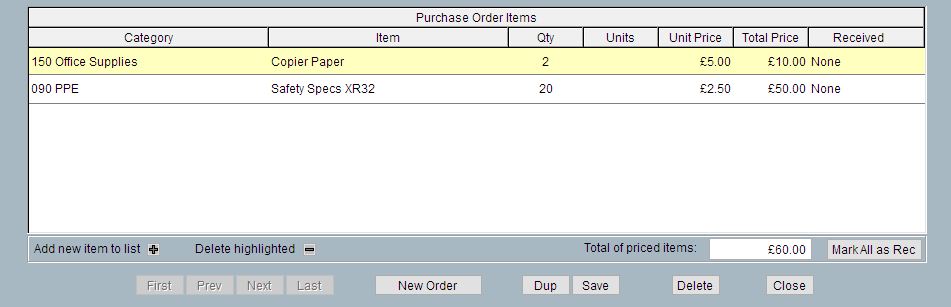 Purchase Order screen